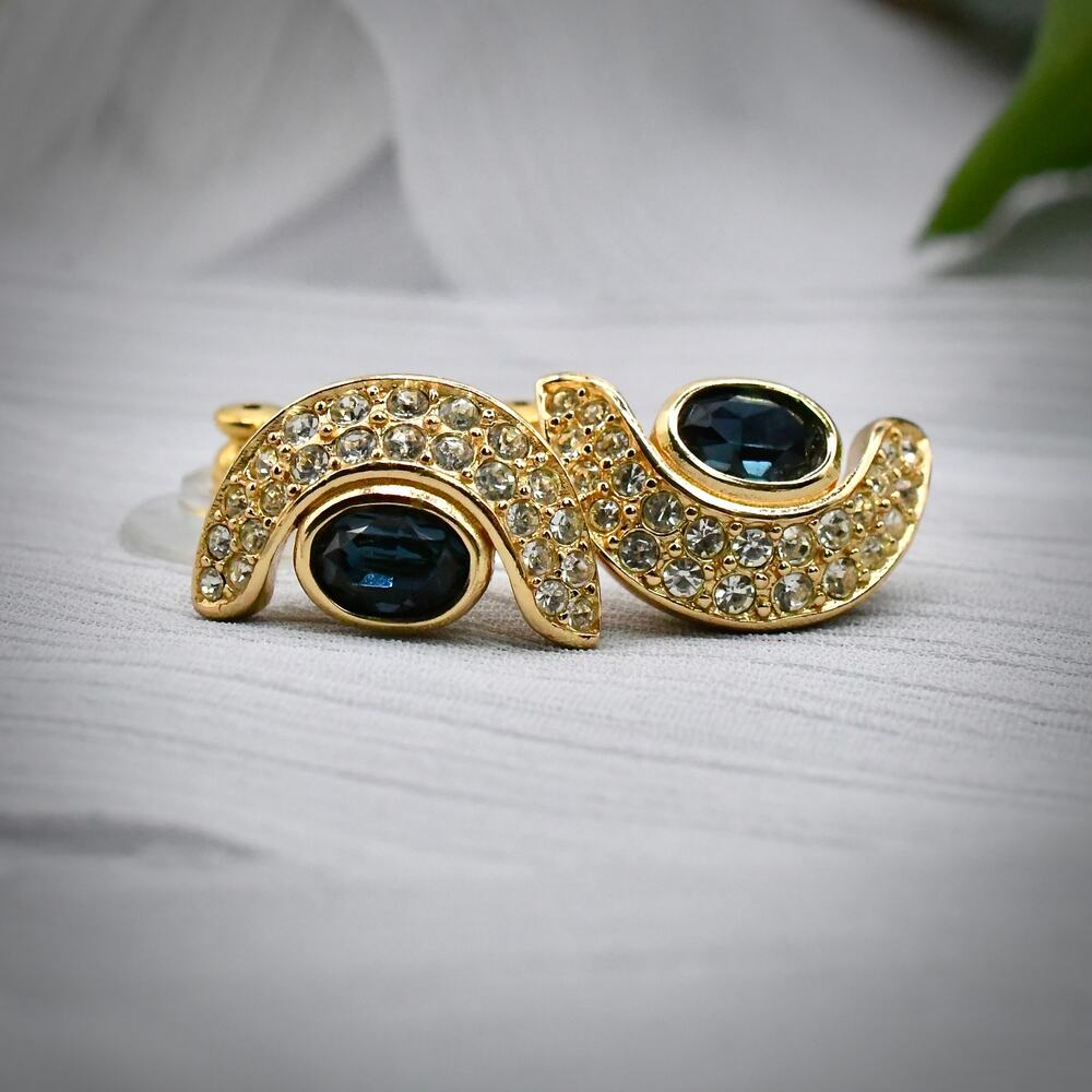 Vtg 1980s Christian Dior Pave Rhinestone Faux Sapphire Blue Cabochon Earrings